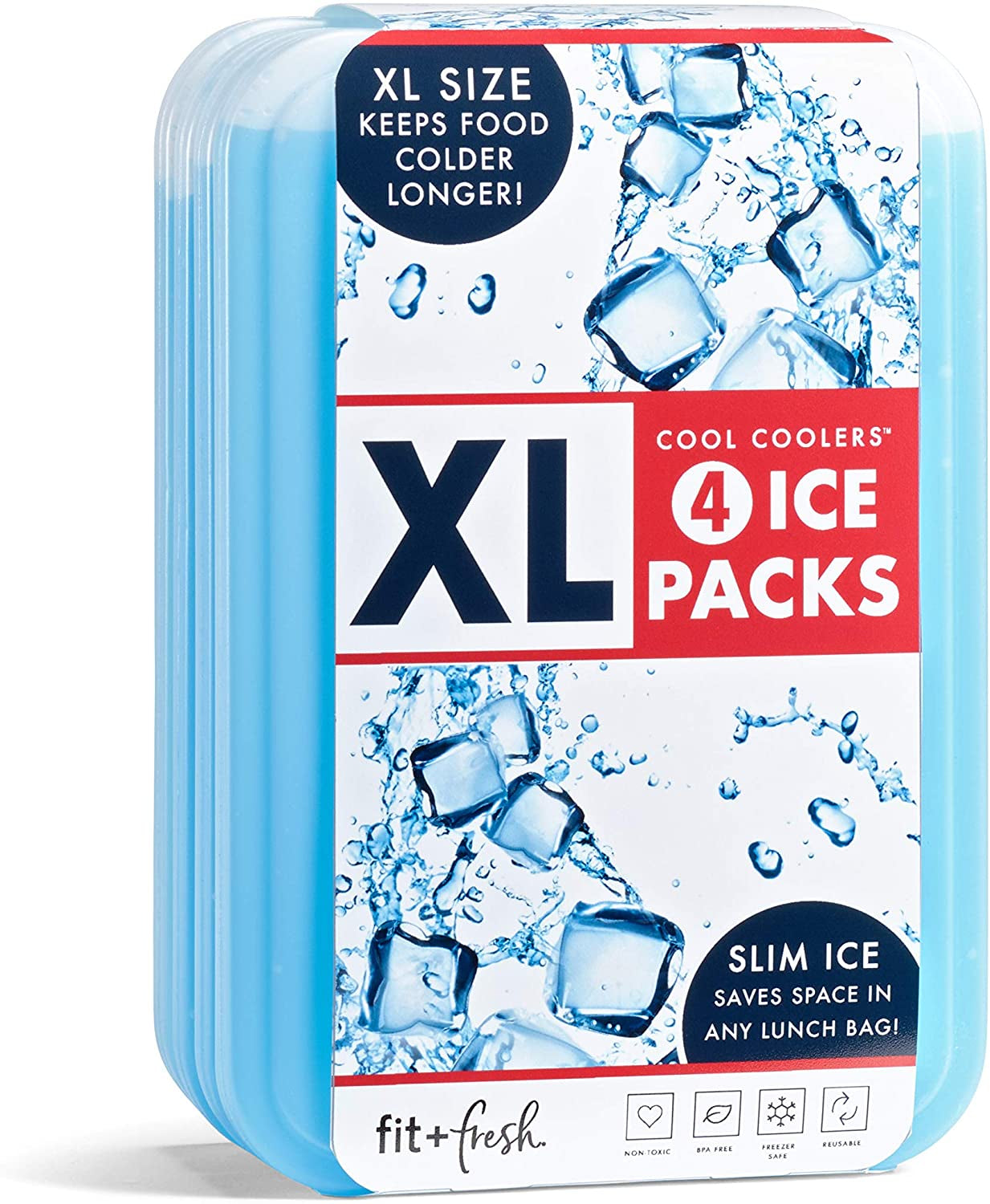 XL Cool Coolers Freezer Slim Ice Pack for Lunch Box, Set of 4, Large, Blue